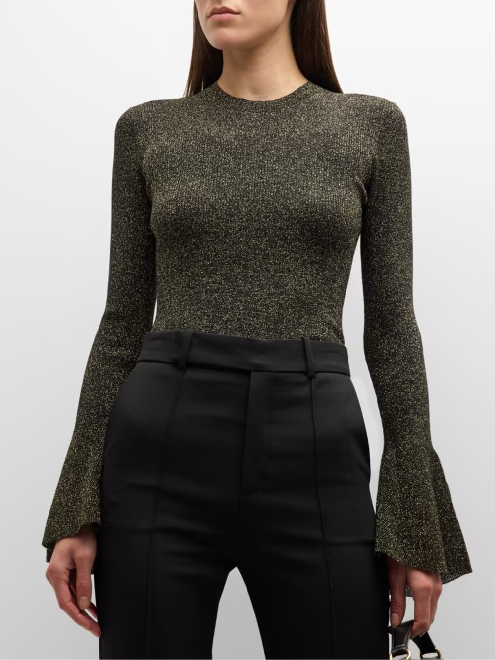 Frame Metallic Olive Knit Long Sleeve Top with Flared Cuffs large